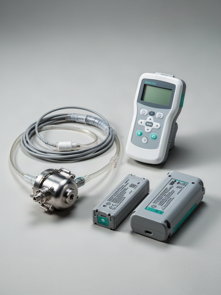 LVAD system equipment including implantable pump, driveline, controller, and battery packs
